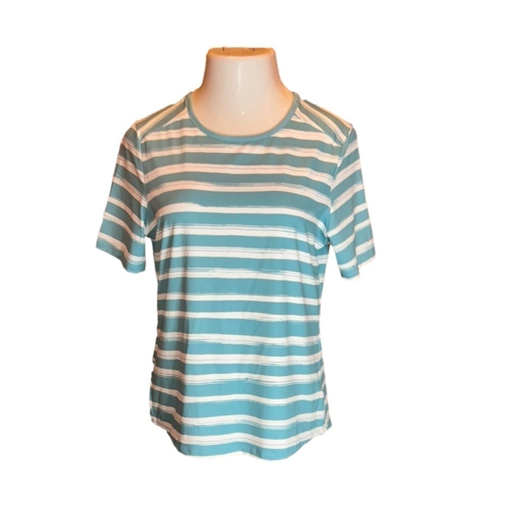 COLUMBIA Aqua Green & White Striped
Athletic Tee Shirt w/ Cut Out in Back Size M